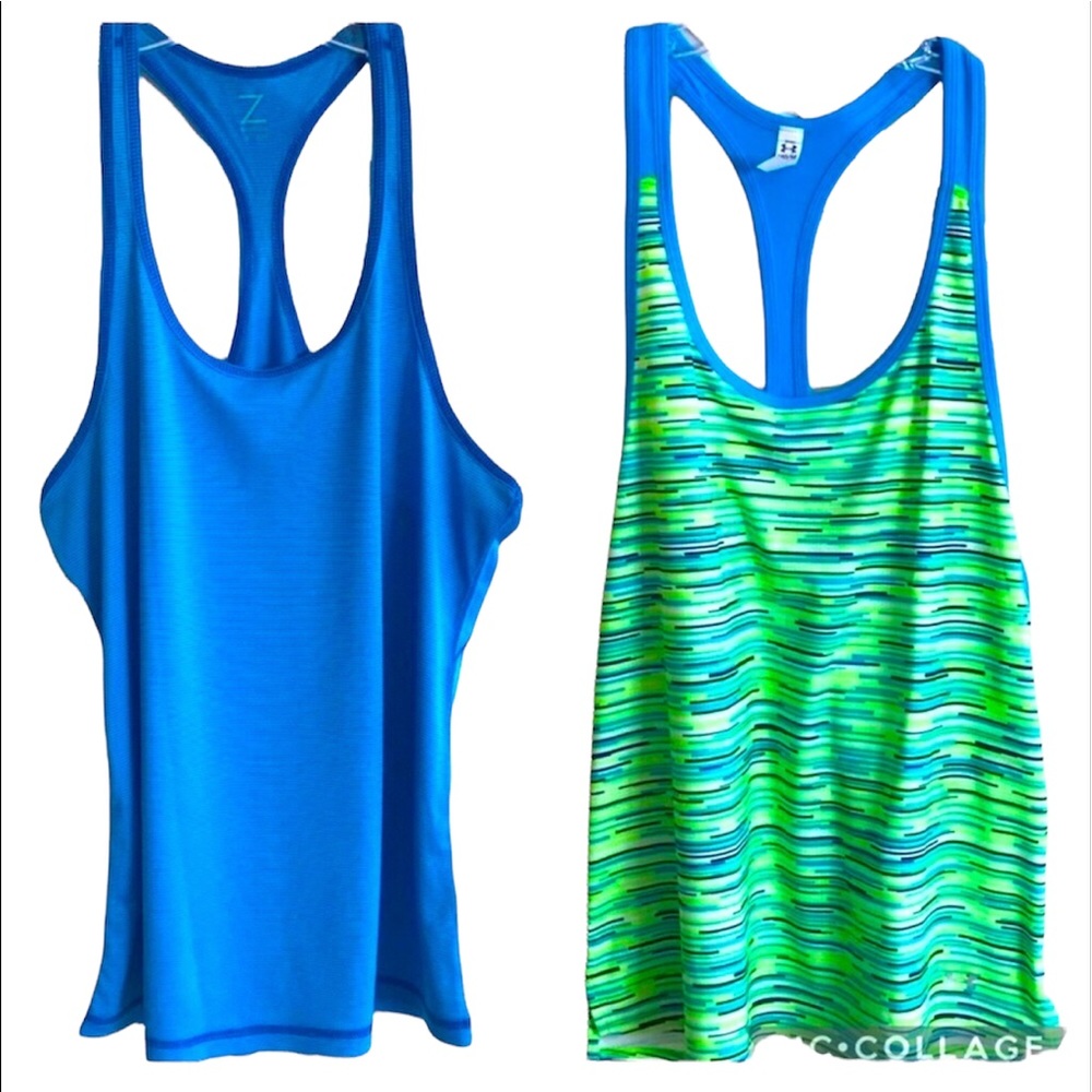 NEW Zella & Under Armour 2 Piece Racerback Workout Tank Tops Blue & Green Sz MED